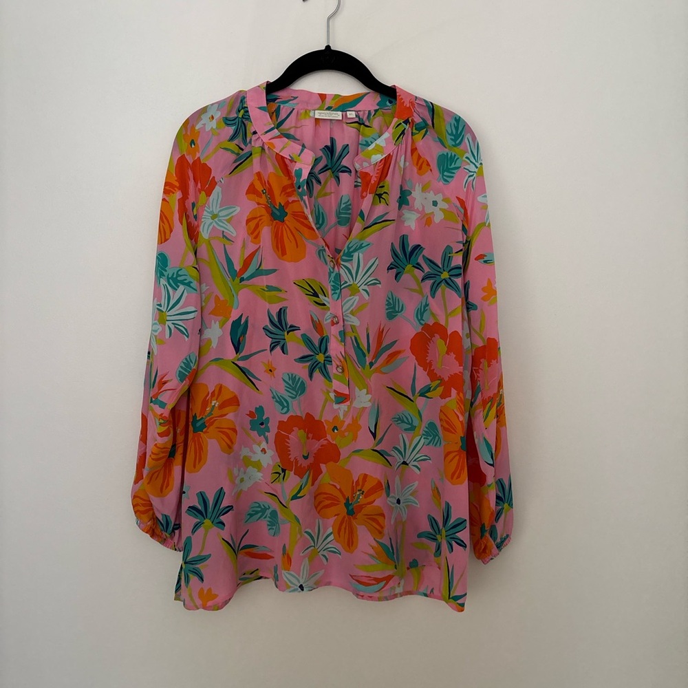 Spartina 449 Pink Floral Split-Neck Long Sleeve Blouse